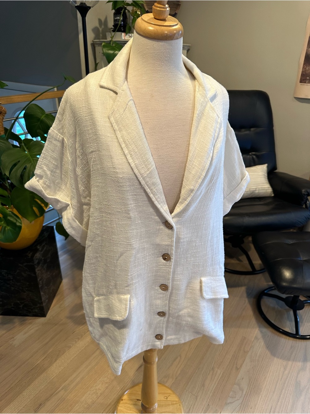 Free People Cream Textured Short Sleeve Blazer